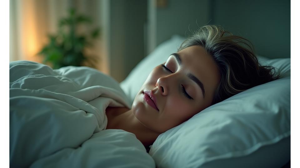 Close-up of a serene mature woman, mid-40s, sleeping peacefully in a dimly lit, comfortable bedroom, with soft natural light filtering in. Emphasizes tranquility and deep rest.