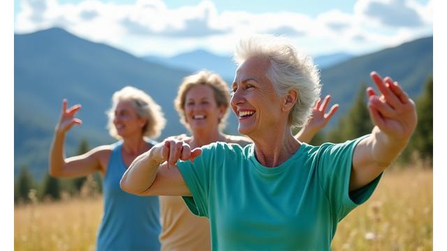 A diverse group of active adults over 50, smiling and engaging in a gentle exercise class outdoors, possibly yoga or tai chi, with a beautiful natural backdrop like a park or mountains. Demonstrates vitality and community.